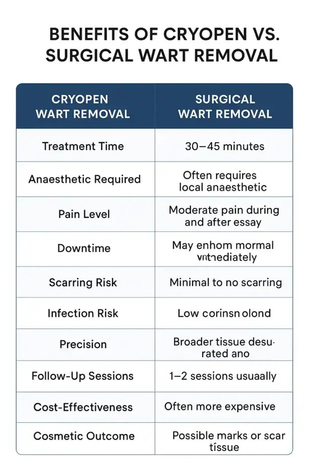 Table showing the benefits of cryopen to remove warts Marlborough compared to surgical treatment